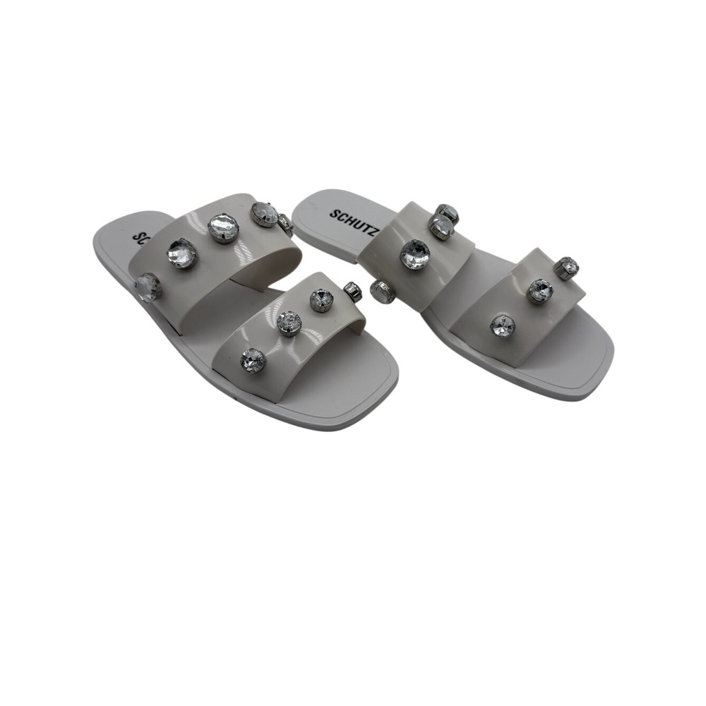 Schutz Lizzie White Rubber Silver Stud Embellished Slip on Slides Sandals US 11
